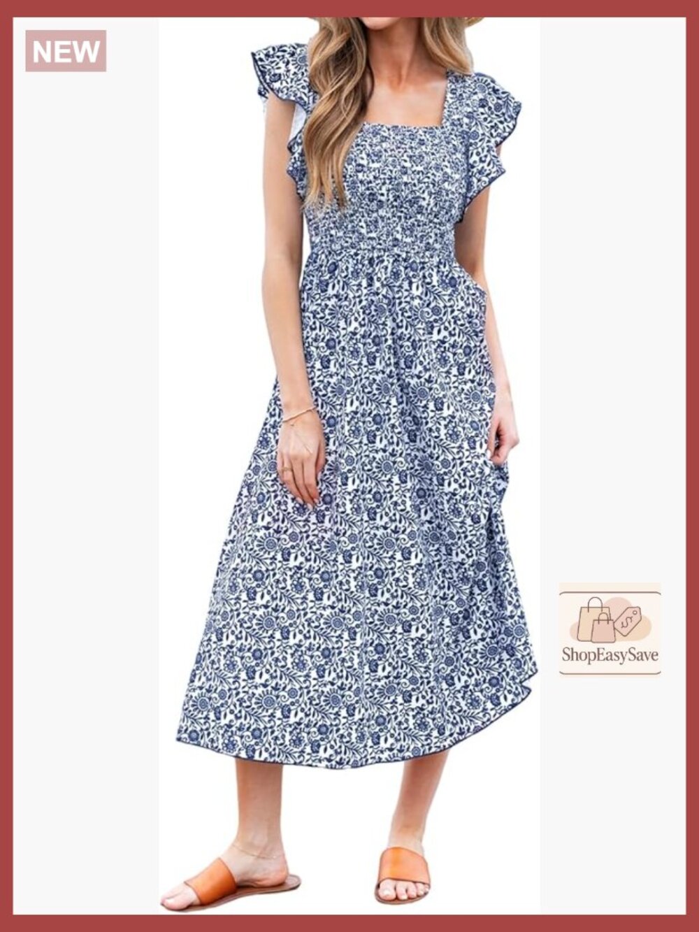 Square Neck Smocked Midi Dress Flutter Sleeve A-Line Formal Summer Wear